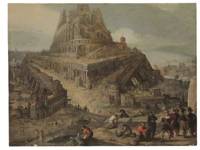 El rey Nimrod ordena la construcción de la Torre de Babel (óleo sobre tabla) de Louis de (circle of) Caullery