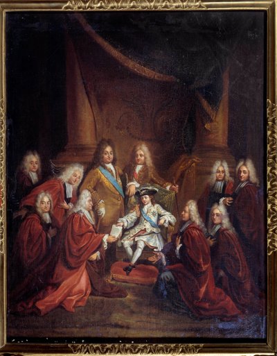 El rey Luis XV (1710-1774) niño otorgando cartas de nobleza al cuerpo de la ciudad en 1716 de Louis de Boullogne