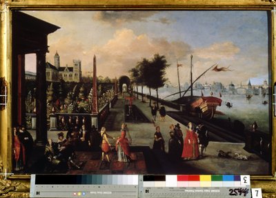 ""El paseo a lo largo de la costa"" Vista de un pueblo probablemente en Holanda. Pintura de Louis de Cauery (conocido como el Maestro del Libro de bocetos de Leningrado) (alrededor de 1580-después de 1621). Museo Radishchev del siglo XVII, Saratov, Rusia de Louis de Caulery