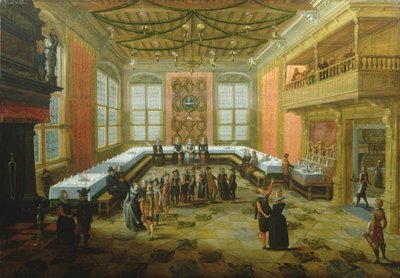 Figuras elegantes congregándose en un salón de banquetes de Louis de Caullery