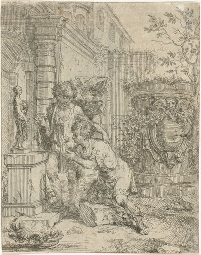 Dos muchachos en la estatua de Venus de Louis de Deyster