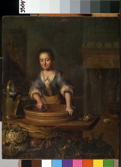 ""The cook"" (El cocinero) Un joven cocinero en una cocina de campo, preparando coles. Pintura de Louis de Moni (1698-1771) Museo de Bellas Artes Mikalojus Konstantinas Ciurlionis, Kaunas, Lituania de Louis de Moni