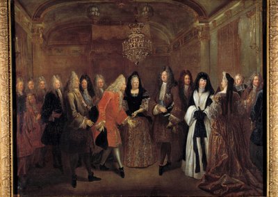 El rey Luis XIV (1638-1715) recibe al príncipe Federico Augusto de Sajonia de Isabel Carlota de Orleans el 27/09/1714 en el castillo de Fontainebleau de Louis de Silvestre