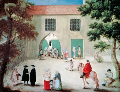 Asistiendo a los pobres delante de la abadía de Port-Royal des Champes, de Louise-Magdeleine Hortemels (1688-1767), gouache, Francia de Louise Magdeleine Hortemels