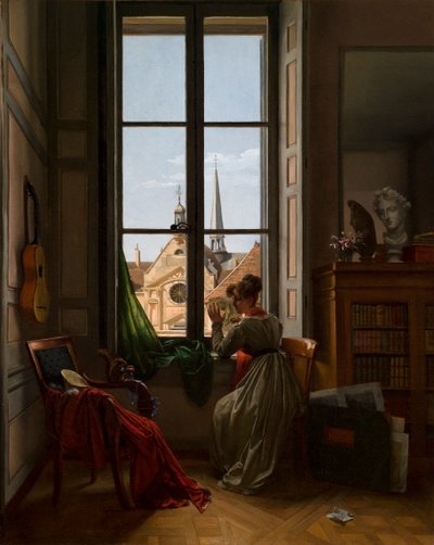 Interior con una joven trazando una flor de Louise Adeone Drolling