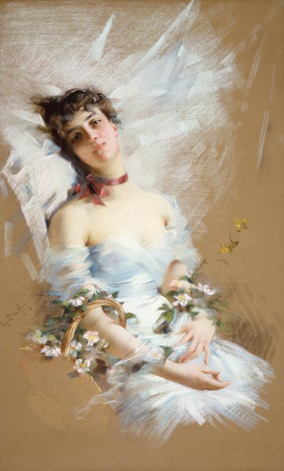 Belleza recostada con cestas de flores (pastel sobre papel) de Louise De Hem