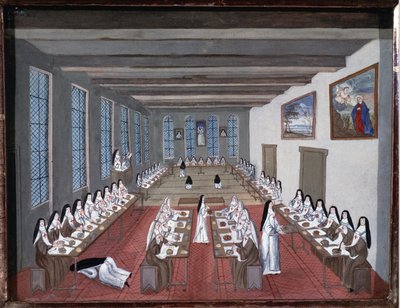 Monjas en el refectorio de la Abadía de Port-Royal-des-Champs (Gouache de Louise Madeleine Cochin