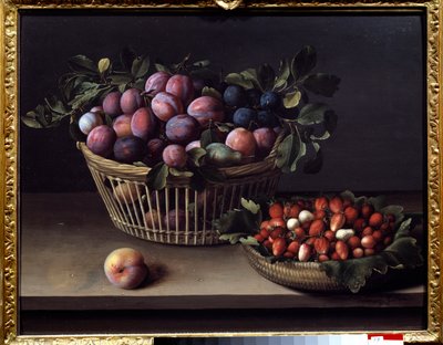 Un durazno, fresas y una canasta de frutas. Pintura de Louise Moillon (1610-1696) de Louise Moillon