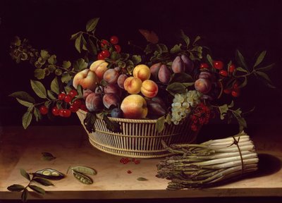 Naturaleza muerta con una canasta de frutas y un manojo de espárragos, 1630 de Louise Moillon