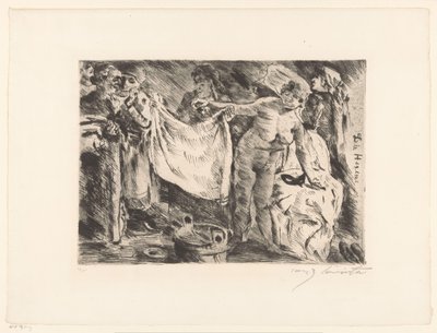 Grupo de mujeres, una desnuda y otra sosteniendo un trapo Die Hexen (título sobre el objeto) de Lovis Corinth (signed by artist)
