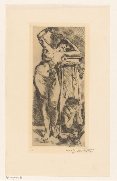 Desnudo femenino con abanico en mano y figura agachada a su derecha de Lovis Corinth (signed by artist)