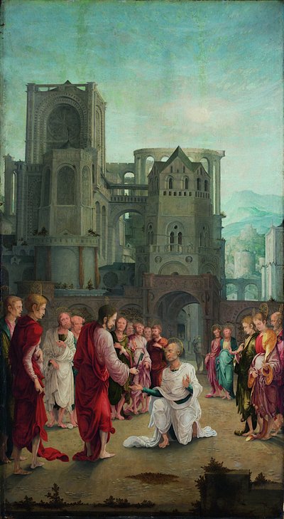 Cristo entrega las llaves a San Pedro de Lower Rhenish pupil of Wolf Huber