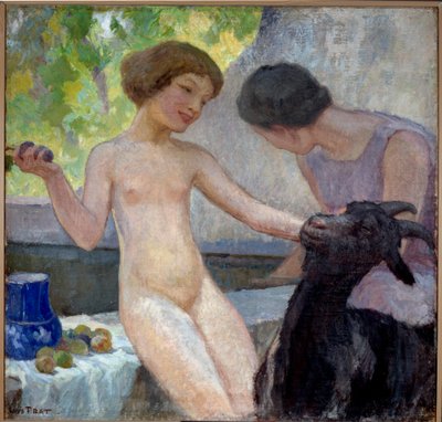 Niña desnuda jugando con una cabra de Loys Prat