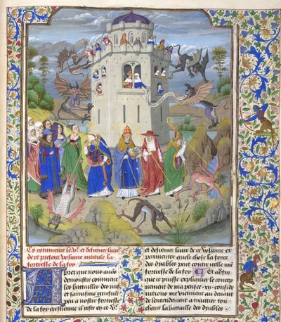 Fortaleza de la Fe Miniatura de los Santos Gregorio, Agustín, Jerónimo y Ambrosio luchando contra demonios de Loyset Liedet
