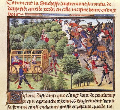 Ms 5072 f.6v Cómo la duquesa de Aigremont dio a luz a dos hijos y los perdió en la misma hora en un bosque, del ciclo de Renaud de Montauban de Loyset Liedet