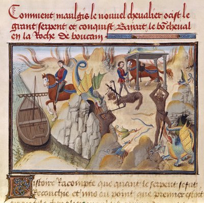 Ms 5072 fol.37v Maugis luchando contra la serpiente y ganando el caballo encantado, Bayard, del ciclo de Renaud de Montauban de Loyset Liedet