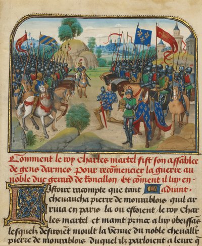 Los ejércitos de Francia y Borgoña con Martel en oración de Loyset Liedet
