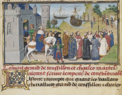 El emperador bizantino dando la bienvenida a Roussillon y Martel de Loyset Liedet