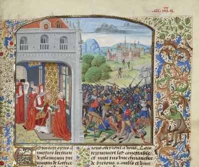 La coronación del Papa Gregorio XI y la Batalla de Pontvallain, 1370, ca 1470-1475 de Loyset Liedet