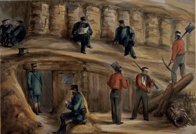 Artilleros del Regimiento Real de Artillería descansando en las trincheras de Sebastopol, c.1855 de Lt. Henry James Alderson