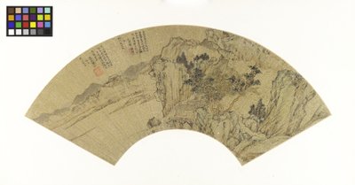 Paisaje con lago, montañas y figuras en casa de verano de Lu Zhi