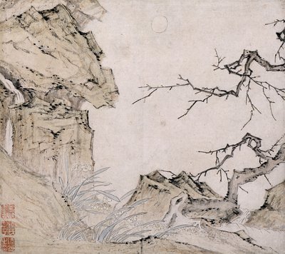 Narciso, ciruelo en un paisaje (tinta y color sobre papel) de Lu Zhi