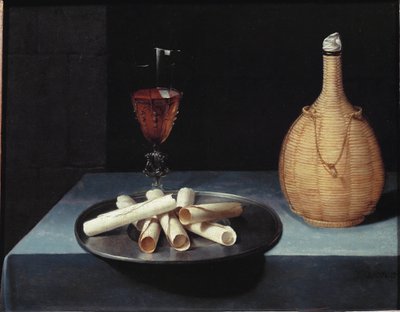 Bodegón de postre de obleas, botella de vino y vaso de Lubin Baugin