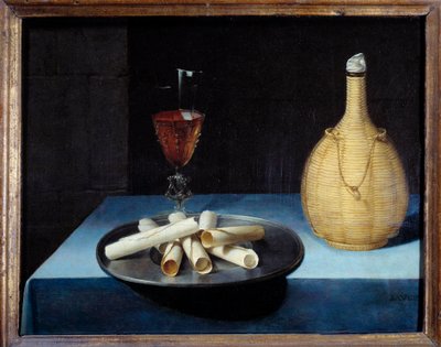 El postre de obleas de bodegón con galletas, botella de vino y vaso de Lubin Baugin