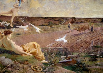 Representación alegórica de la Fortuna de la Abundancia y la fertilidad. Un campesino arando su campo en el fondo. Detalle de Luc Oliver Merson