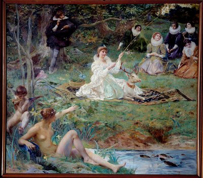 Marie F. des Ursins, Duquesa de Montmorency y el poeta Theophile de Viau en Chantilly en el Pabellón de Sylvie de Luc Oliver Merson