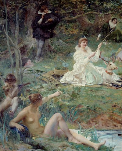 Marie F. des Ursins, duquesa de Montmorency y el poeta Théophile de Viau en Chantilly en el Pabellón de Sylvie (detalle) de Luc Oliver Merson