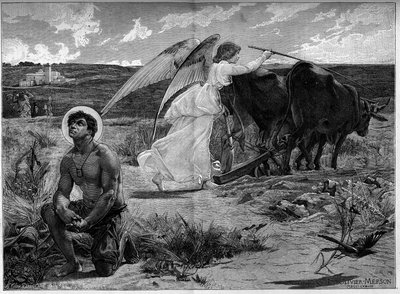 San Isidro, patrón de los labradores. Un ángel ayuda a San Isidro a arar un campo con un arado. de Luc Oliver Merson