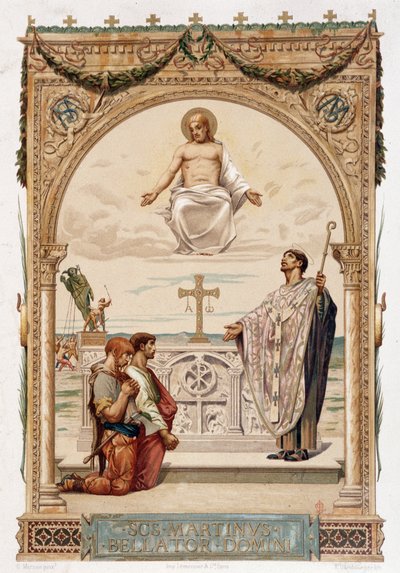 San Martín evangelizador de la Galia bajo la mirada de Cristo - cromo según una pintura de Merson de Luc Oliver Merson