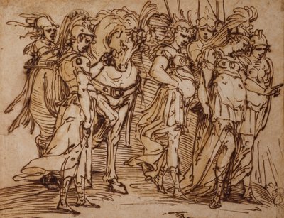 Amazonas con un caballo en procesión a la derecha (pluma y tinta) de Luca Cambiaso