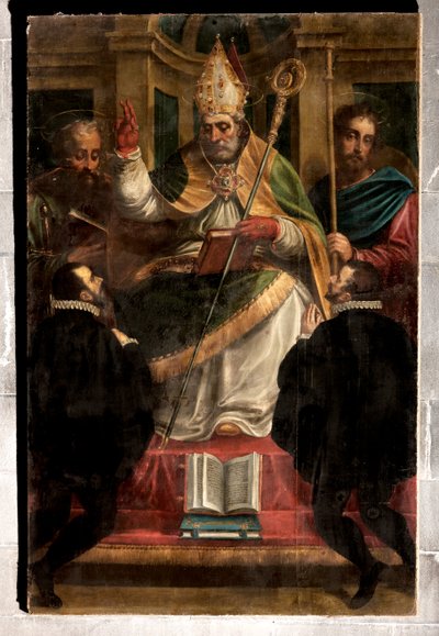 Génova, Duomo (Catedral de San Lorenzo): "San Gotardo entre San Pablo y Santiago y dos devotos arrodillados" (1571), de Luca Cambiaso (con repintes de Carlo Giuseppe Ratti) de Luca Cambiaso