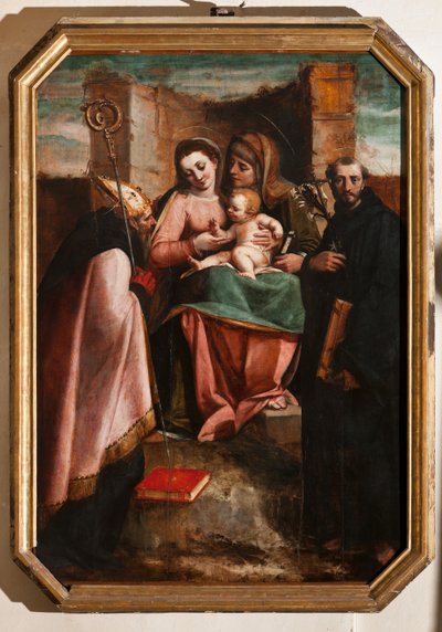 Génova, Duomo (Catedral de San Lorenzo), interior, Baptisterio (antes Iglesia de San Juan el Viejo): "La Virgen con el Niño entre Santa Ana, San Nicolás de Bari y San Nicolás de Tolentino", de Luca Cambiaso de Luca Cambiaso