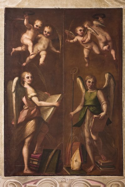 Génova, Duomo (Catedral de San Lorenzo), sacristía, capilla: "Ángeles con insignias episcopales, libros y palmas", de Luca Cambiaso, hacia 1580 de Luca Cambiaso