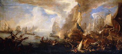 Batalla naval con barcos de guerra sardos y venecianos y galeras sardas y egipcias de Luca Carlevaris