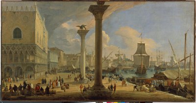 El Molo y el Palacio Ducal (Venecia, Italia) - Pintura de Luca Carlevaris (1663-1730), óleo sobre lienzo, hacia 1710, 64x121 cm - El Molo con el Palacio Ducal, Óleo sobre lienzo de Luca Carlevaris - State Hermitage, St -Petersburgo de Luca Carlevaris