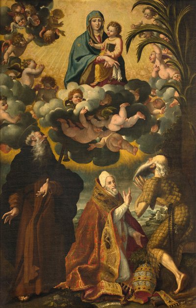 Altar de San Antonio, Virgen con el Niño con los Santos Antonio Abad Pablo Ermitaño y el Papa Gregorio XIV, Lucas Cattapane 1593 de Luca Cattapane