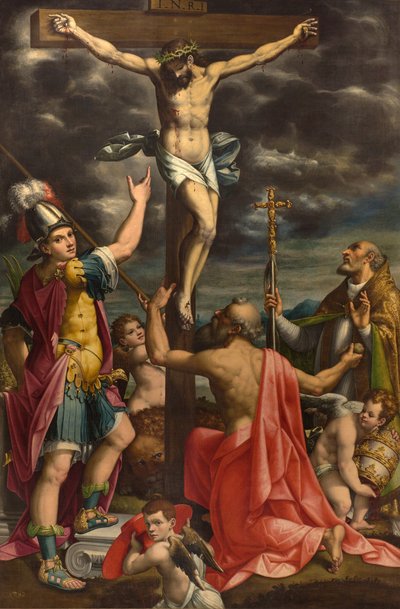 Altar de San Fermo, Crucifixión con los Santos Fermo Jerónimo y el Papa Gregorio XIV, Luca Cattapane 1593 de Luca Cattapane