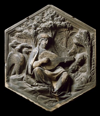 Alegoría de la música como Orfeo. Los animales del bosque escuchan a Orfeo tocando el laúd. Alto relieve por Luca della Robbia de Luca Della Robbia