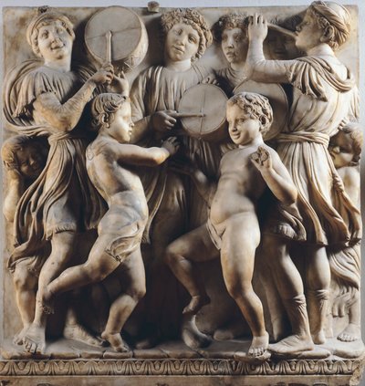 Niños y querubines bailando, cantando y tocando (detalle) por Cantoria (galería del coro) de Luca Della Robbia