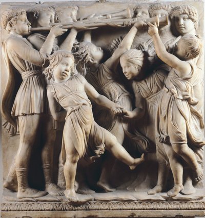 Niños y querubines bailando, cantando y tocando, detalle de la Cantoria (galería del coro) de Luca Della Robbia