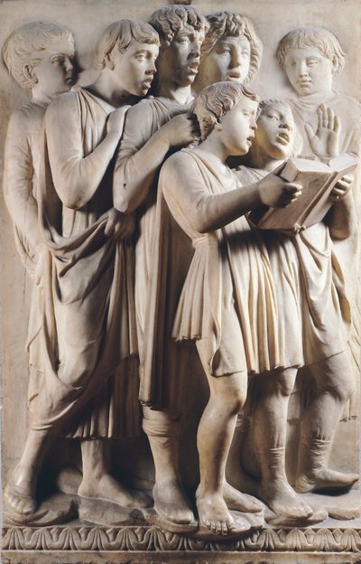 Niños y querubines cantando (detalle) por Cantoria (galería del coro) de Luca Della Robbia