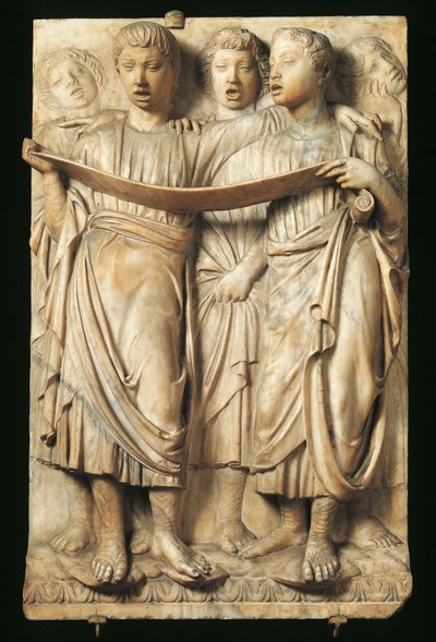 Niños cantando, detalle de la Cantoria (galería del coro) por Luca Della Robbia, mármol, relieve para la Catedral de Santa María del Fiore, Florencia de Luca Della Robbia
