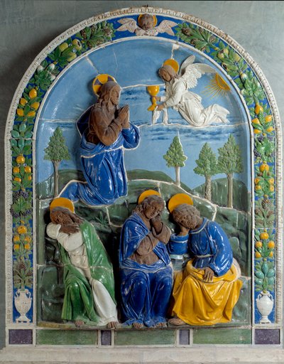 Cristo en el Monte de los Olivos. Cerámica pintada y barnizada por Luca della Robbia de Luca Della Robbia