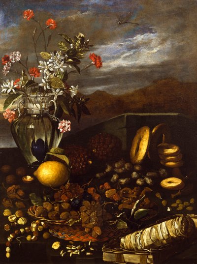 Bodegón con frutos secos, flores y paisaje, de Luca Forte (1610-1670) de Luca Forte