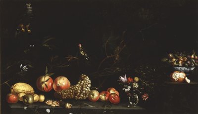 Naturaleza muerta con frutas, flores, un halcón y un jilguero, 1620-30 de Luca Forte