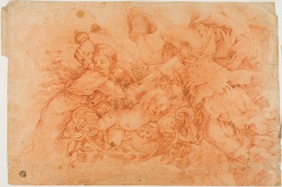 Figuras alegóricas sosteniendo la insignia papal, estudio después de la Alegoría de la Divina Providencia en el Palazzo Barberini en Roma de Luca Giordano